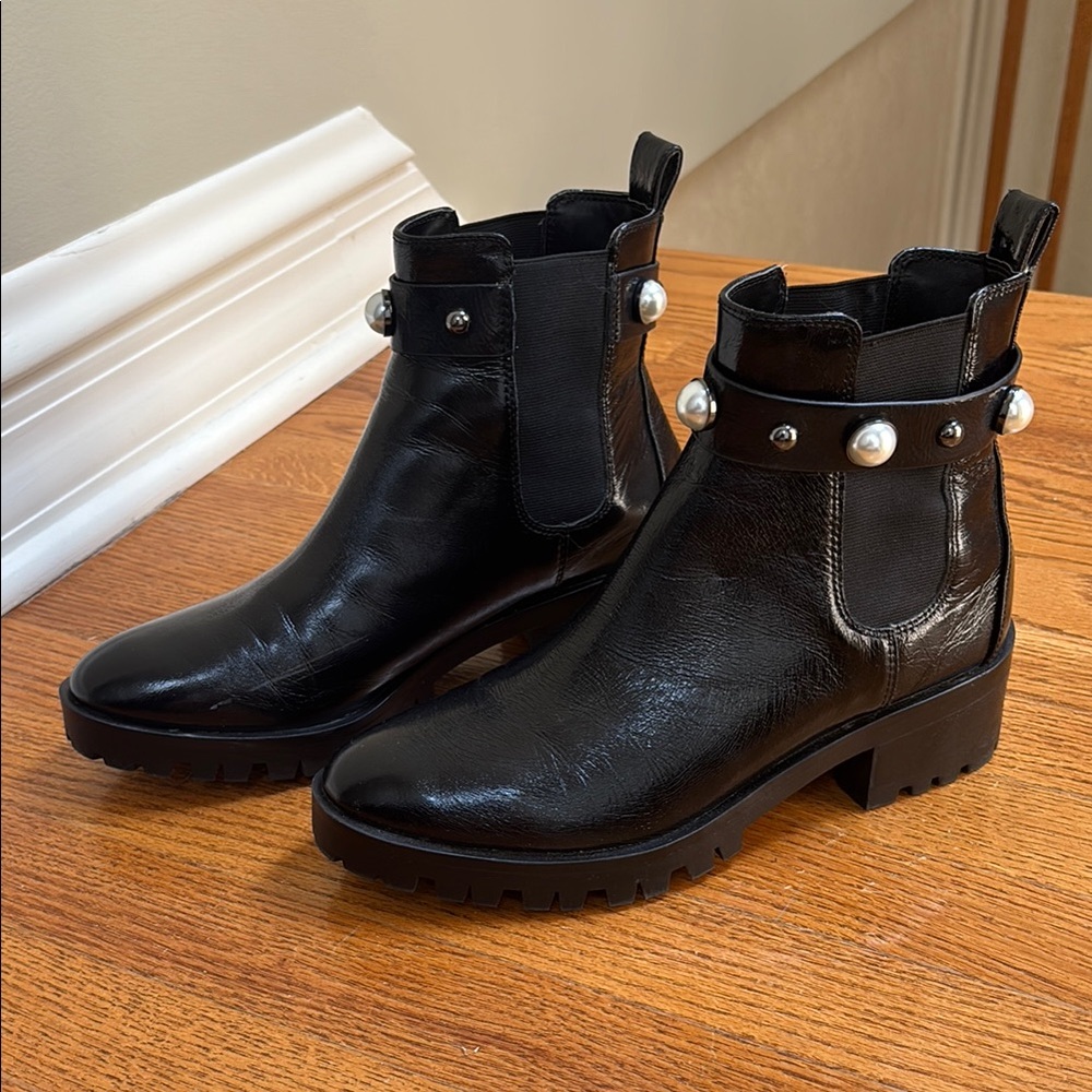 Karl Lagerfeld Paris Pola Studded Pearl Black Ankle Boots Size 10M